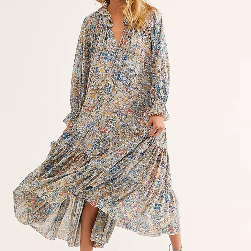 Free People Feeling Groovy Maxi Dress XS 2 floral boho Ruffle With Slip
